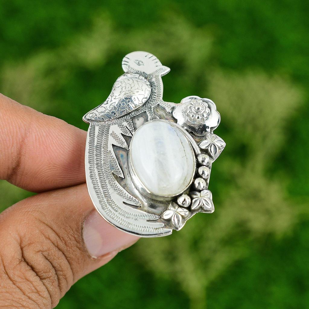 Natural Rainbow Moonstone Multi Stone Bird Adjustable Ring 925 Silver