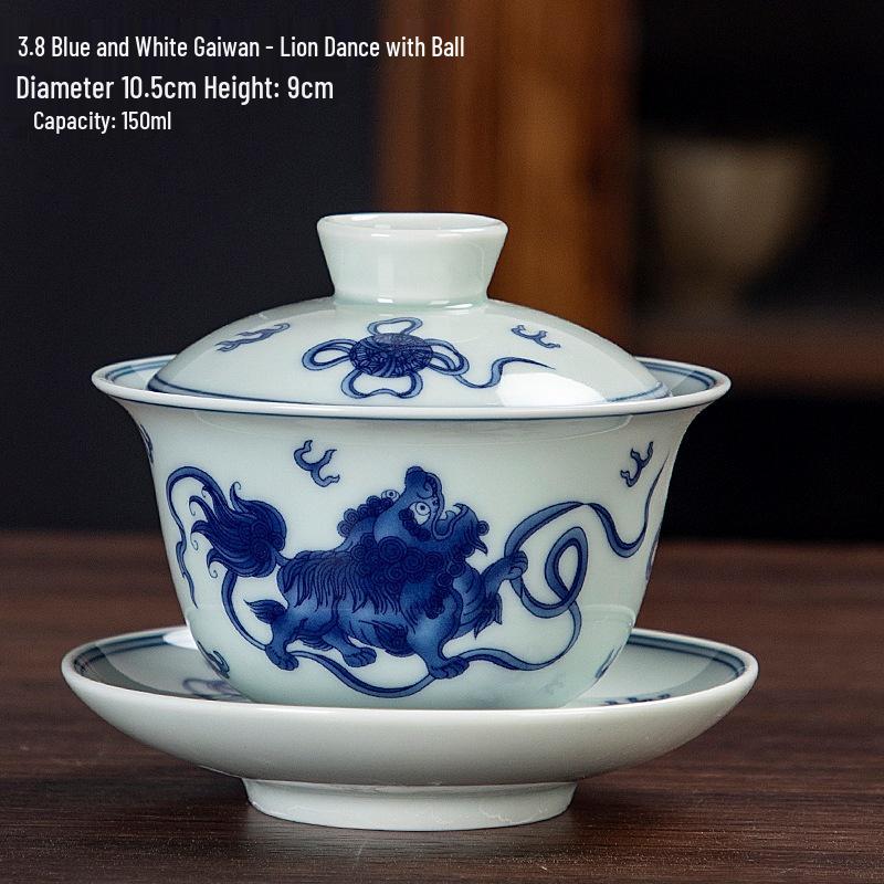 Large Blue & White Retro Sancai Gaiwan Ceramic Tea Cup with Infuser - Kung Fu Tea Set