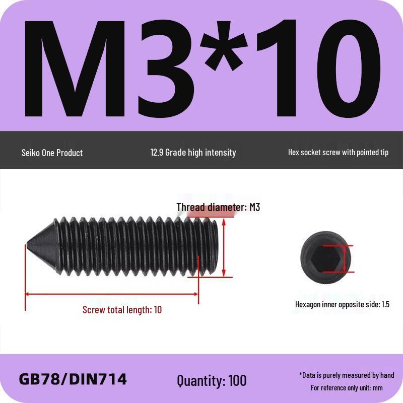 12.9 Grade Pointed Set Screw Grub Set: Headless Screws M3 M4 M5 M6 M8 M10