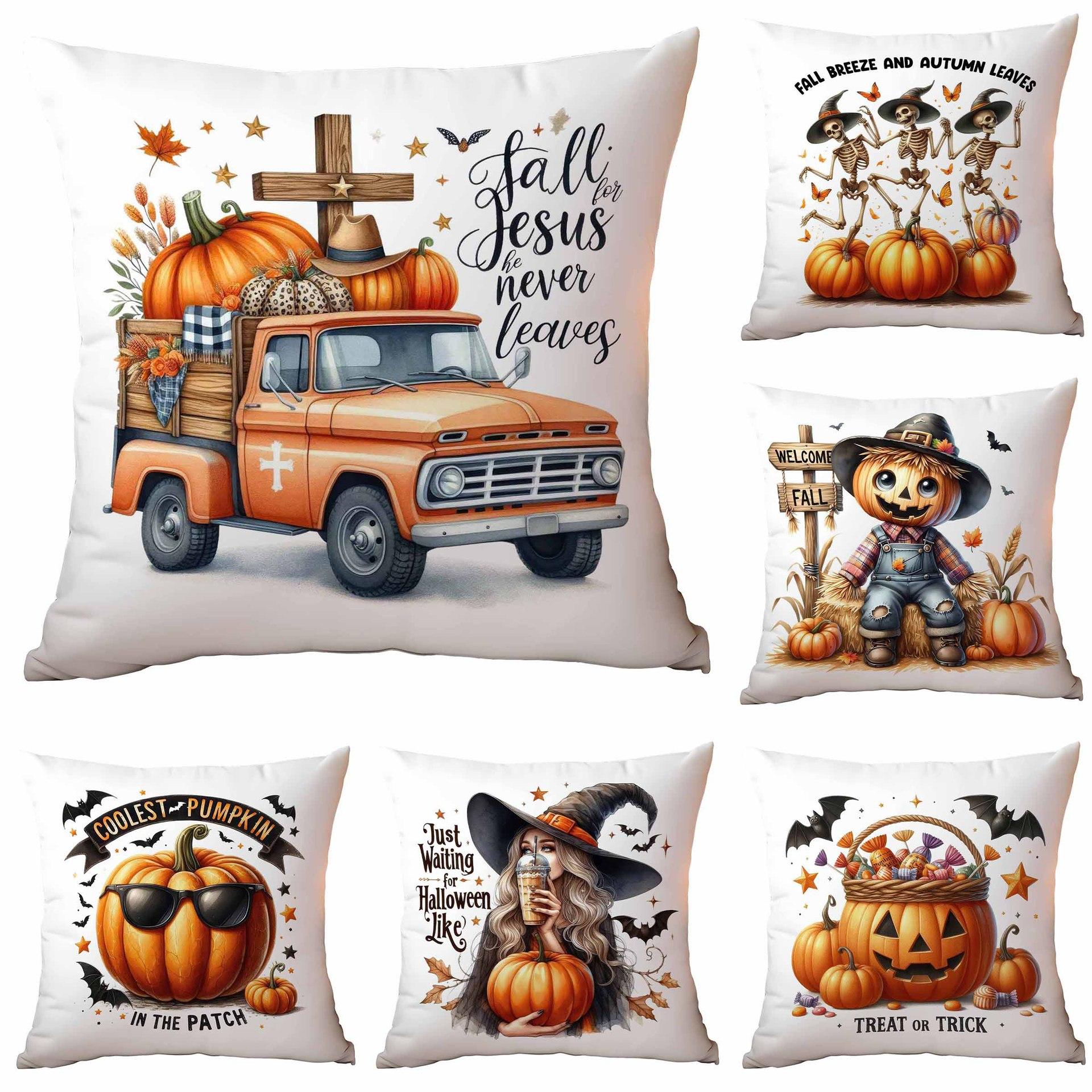 

New Autumn Pumpkin Halloween Print Pillow Home Sofa Bed Cushion Cover Festive Atmosphere Decoration 45 * 45Cm