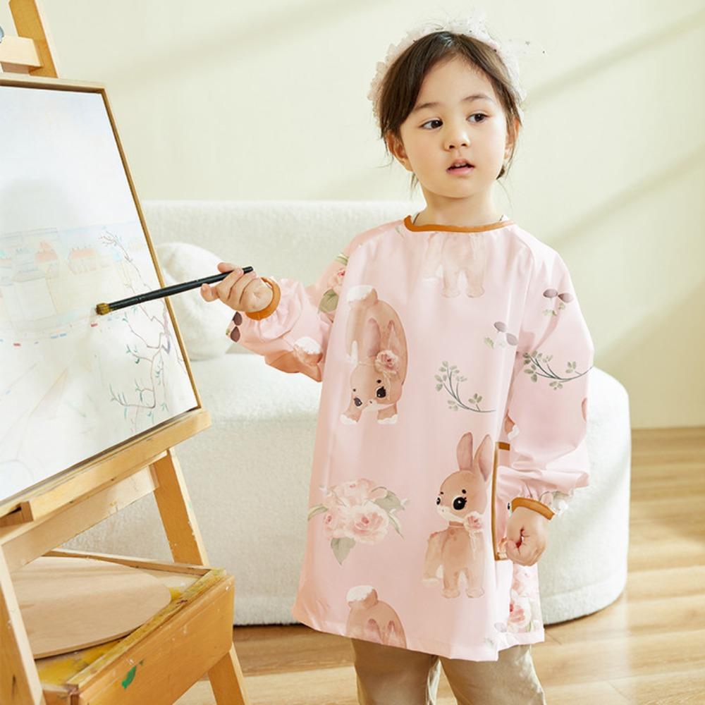 Kids Waterproof Apron Rabbit Print Long-Sleeve Stain-Resistant Art Smock for Boys Girls Bibs Easy Clean Children Painting Aprons
