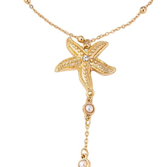 Starfish Charm Hand Chain Bracelet for Women, Adjustable Faux Pearl Finger Ring Bracelet, Non Tarnish Golden-Plated Chain Bracelet Jewelry