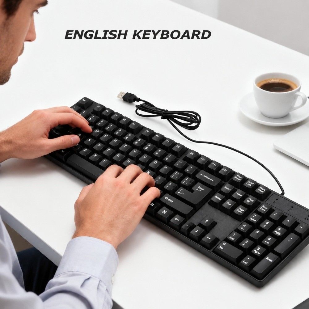 104 Keys Wired Keyboard 1.5m Cable USB Keyboard Stable English Keyboard Home