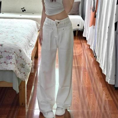 Fashionable Comfortable Peplum White Jeans Women's Annual High Waist Loose Trailing Draped Wide Leg Trousers Jeans for Women Long Denim Pants
