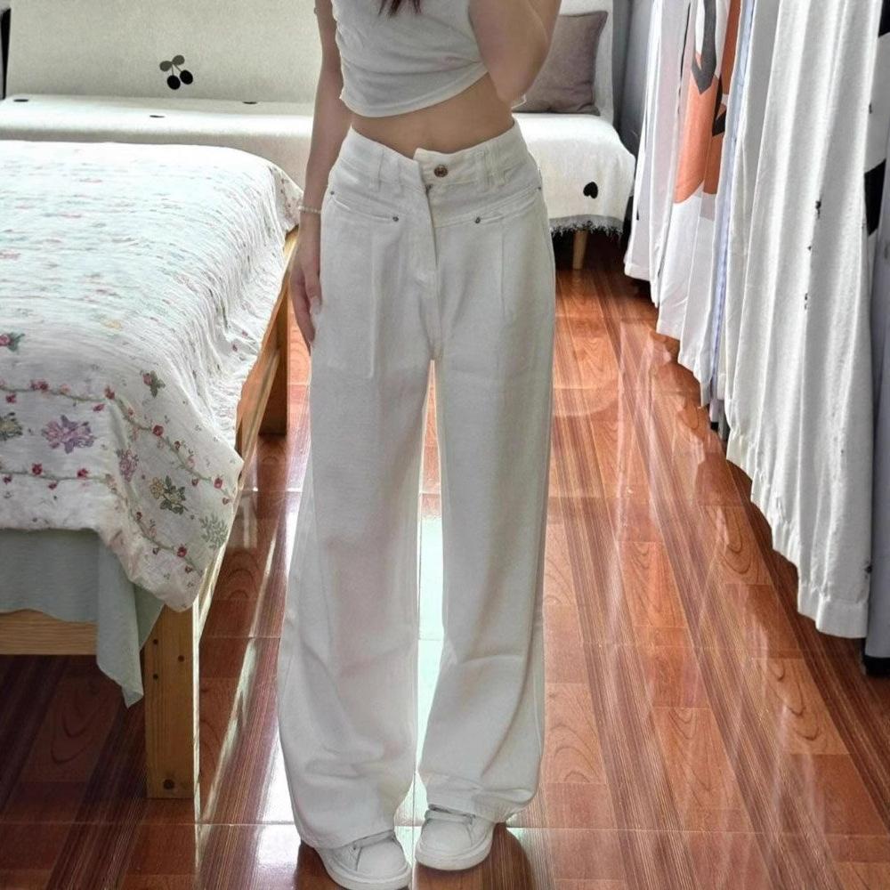 Modische Bequeme Peplum Weiße Jeans Damen Jährlich Hohe Taille Locker Schleppend Drapierte Weitbeinige Hosen Jeans für Damen Lange Denimhosen