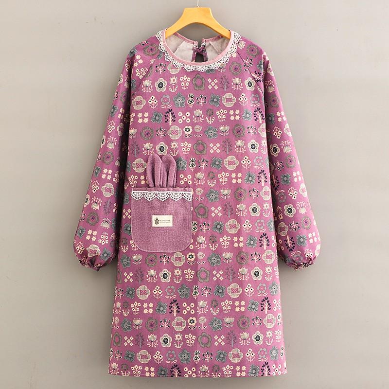 Cotton Canvas Apron With Sleeves Kitchen Cooking Floral Print Adult Chef Bib Lightweight Stain-Resistant