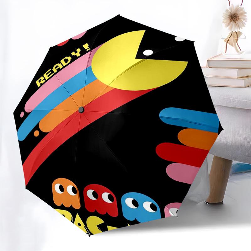 Pac-Man, Retro Themed Automatic Opening and Closing Umbrella, Compact Travel Umbrella, Lightweight and Portable, Suitable for Beach Commutin
