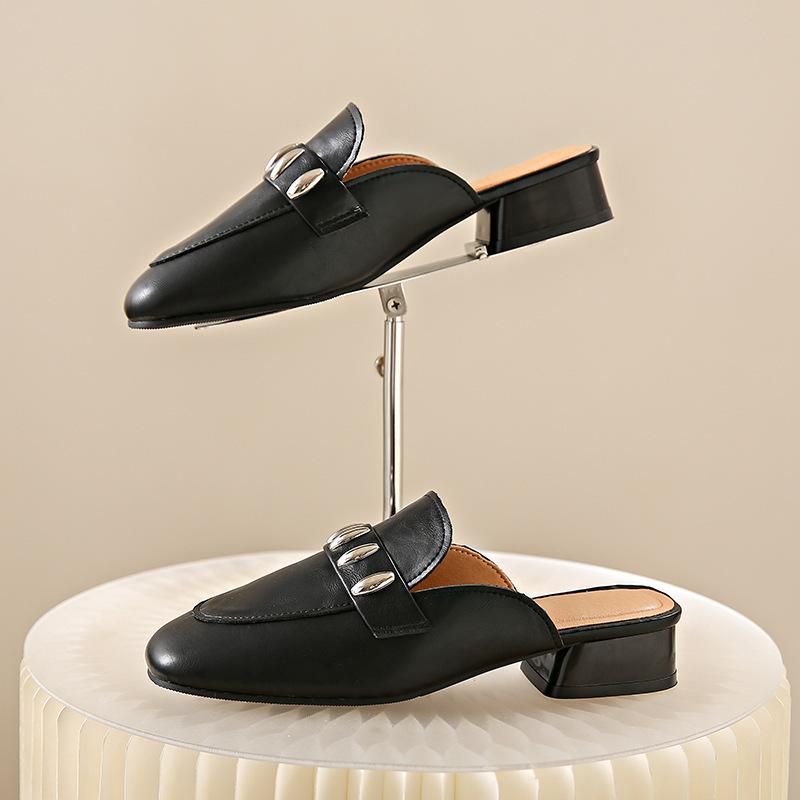 

Retro bag head slippers women s summer new high-end sandals thick heels fashion flat bottom lazy wear half drag 34 чёрный