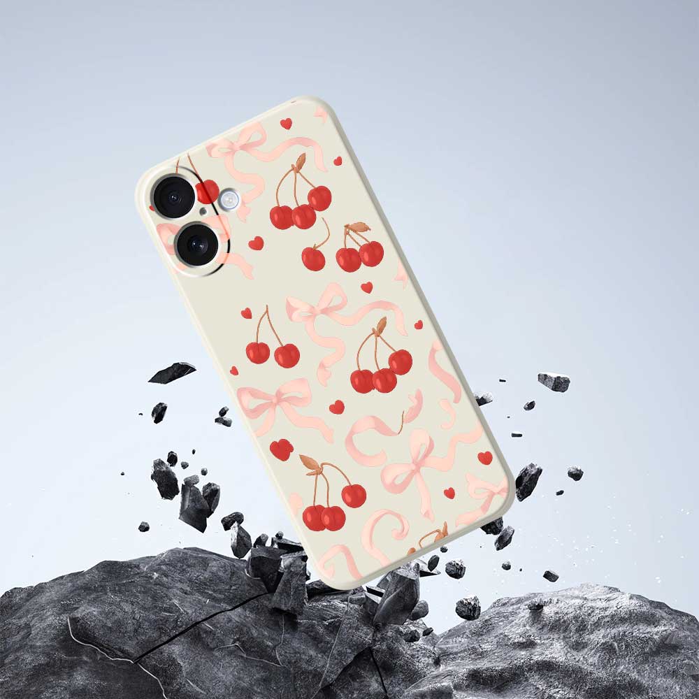 For iPhone 17 Case Big Bow Cherry Pattern Printing Straight Edge TPU Phone Back Cover