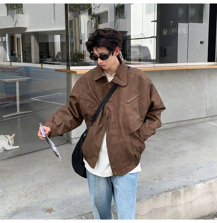 Men's Autumn Punk Brown Distressed Leather Motorcycle Jacket with Turn-Down Collar