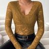 Women Tops Solid Color V-Neck Long Sleeve Shirt See-through Embroidery Lace Flower Pattern Casual Shirt