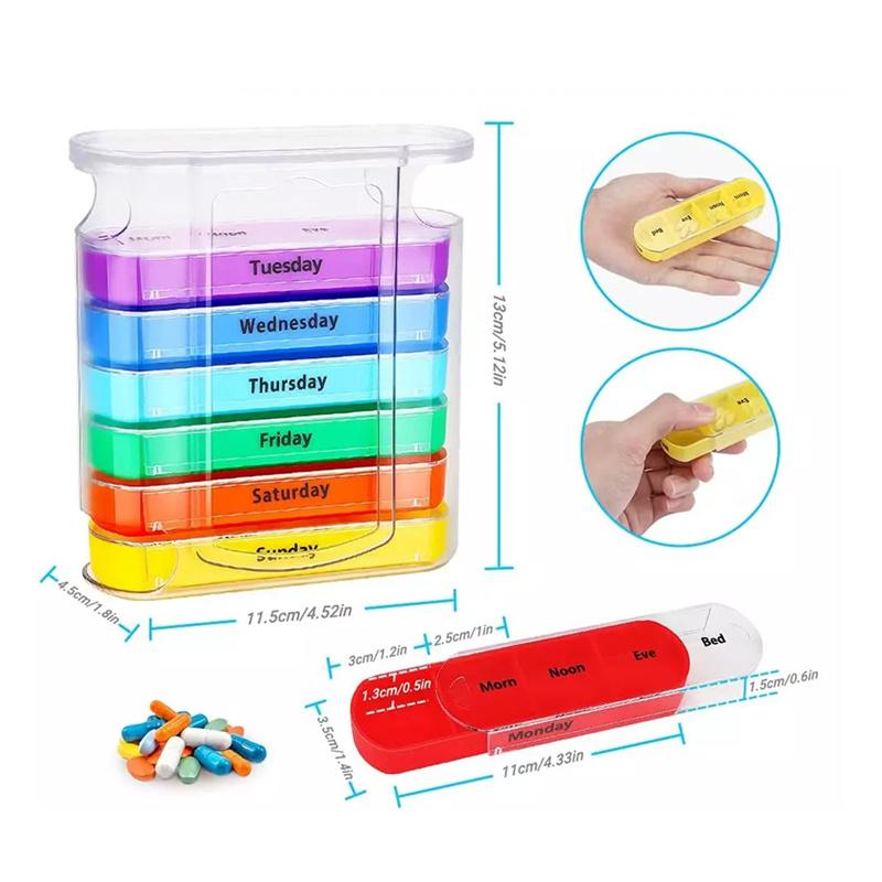 Portable Weekly 7 Days Pill Box Colorful Design Stackable 4 Times A Day Medicine Storage Dispenser/Plastic Pill Organizer Boxes
