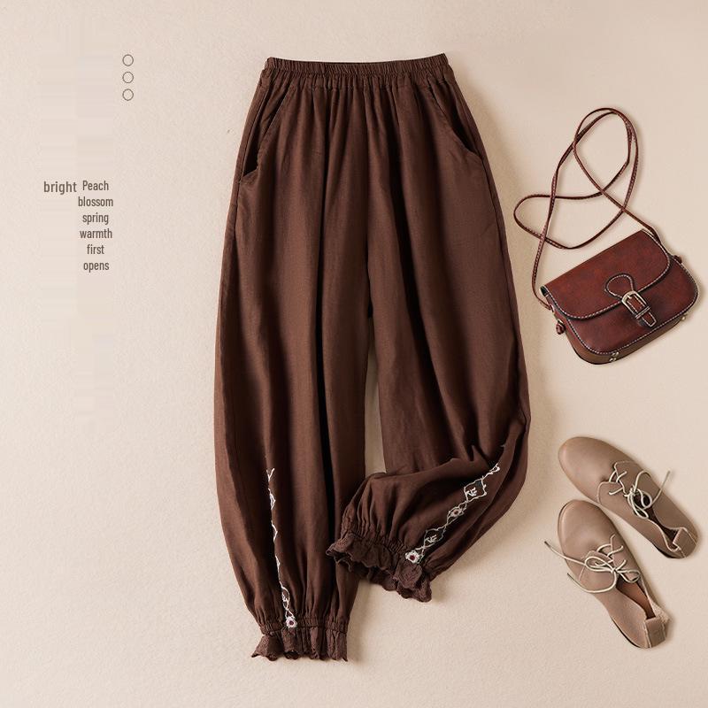 Women's Artistic Embroidery Cotton Linen Harem Pants - Slimming Casual Retro Style