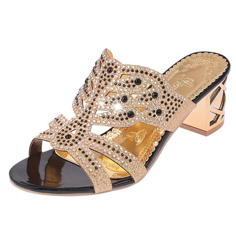 Outside Shoes for Women Rhenstone Sandals Heeled 39 Slides Summer 2025 Luxury Woman Slippers On Sale Chic and Elegant H Sandal