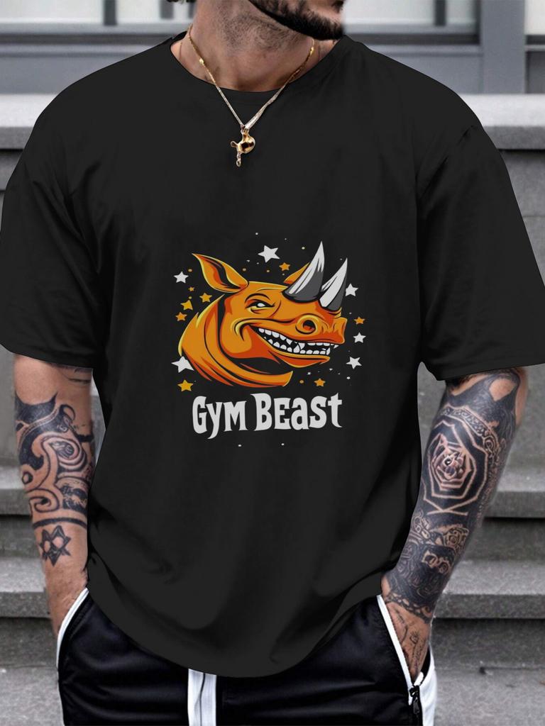 1pc Gym Beast Rhinoceros Graphic T-shirt - 180g Cotton Crew Neck Short Sleeve
