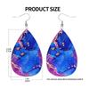 2D Flat Lightweight PU Leather Printed Teardrop Earrings, Blue-Purple Gradient Marble Pattern & Black Rose Design, Women's Fashion Pendant Earrings