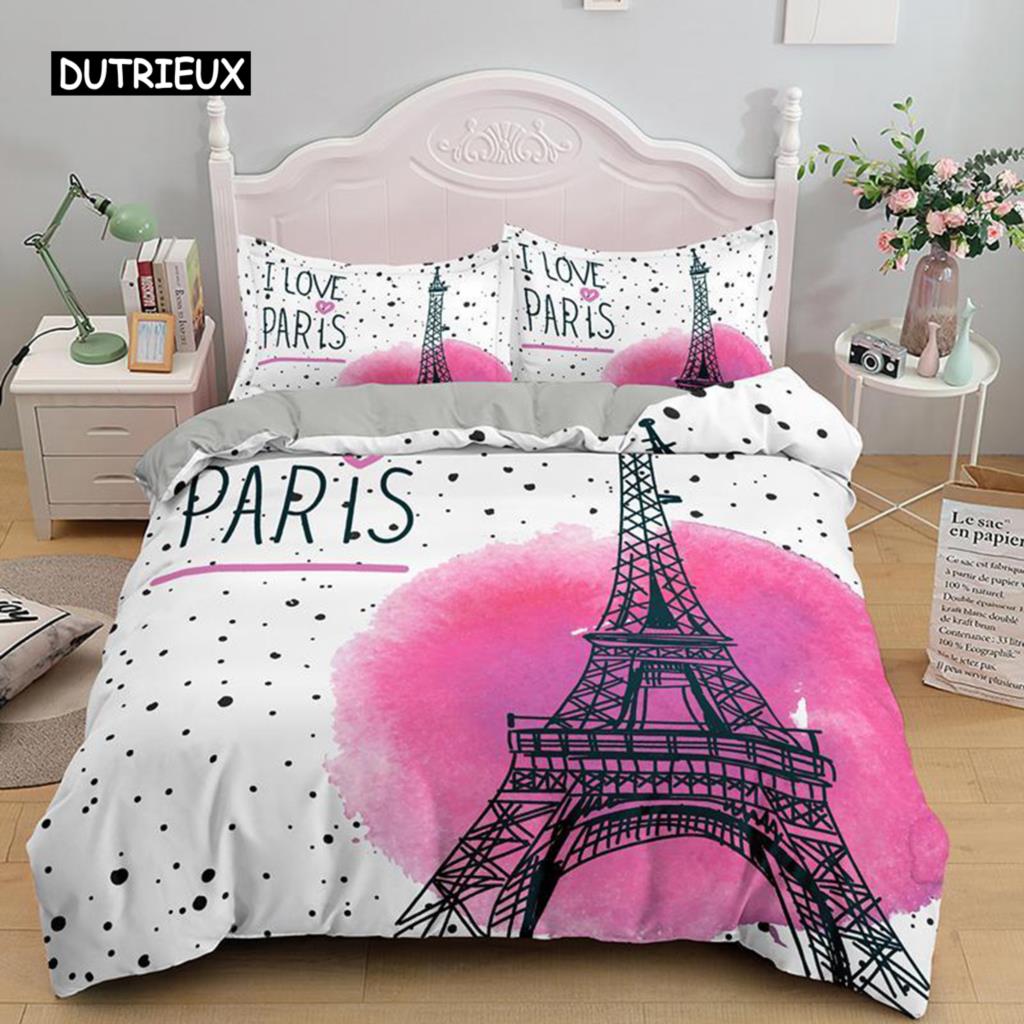Eiffel Tower Duvet Cover King Size Paris Sunset Bedding Set Romantic France Theme Polyester Quilt Cover for Adult