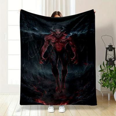 Dark Demonic Figure with Horns, Glowing Cracks, Chains, and Fiery Surroundings. for All Seasons Blanket Lunch Break Throw Gift
