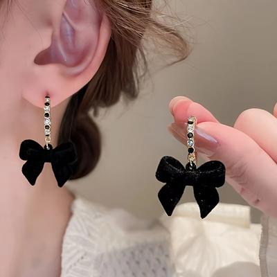 Boucles d'oreilles Huajie pour femme avec nœuds floqués noirs doux, clous d'oreilles en zircon brillant, élégantes, mode coréenne pour femme, tendance