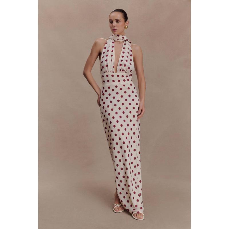 2026 European and American new fashion temperament lace-up dress sexy spice girl halter polka dot slim dress S