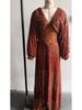 Sizzling European & American Chiffon V-Neck Sequin Evening Gown with Slit & Waist-Cinching Long Sleeves