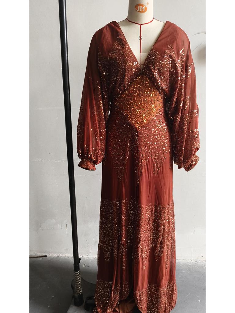 Sizzling European & American Chiffon V-Neck Sequin Evening Gown with Slit & Waist-Cinching Long Sleeves