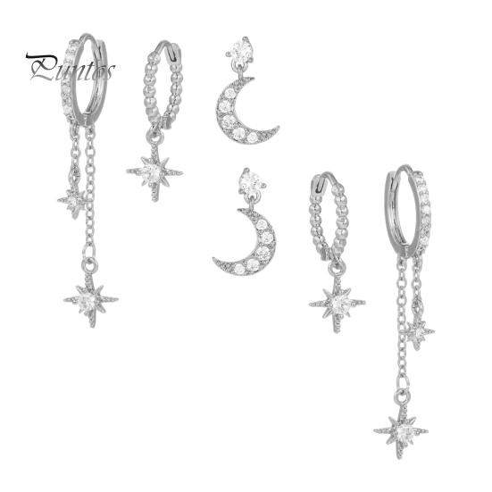 

3 пари жіночих сережок у формі місяця та зірки Шарм Мідні гальванічні сережки Huggie зі стразами Жіночі шпильки Випускна вечірка Побачення Ювелірні вироби срібний