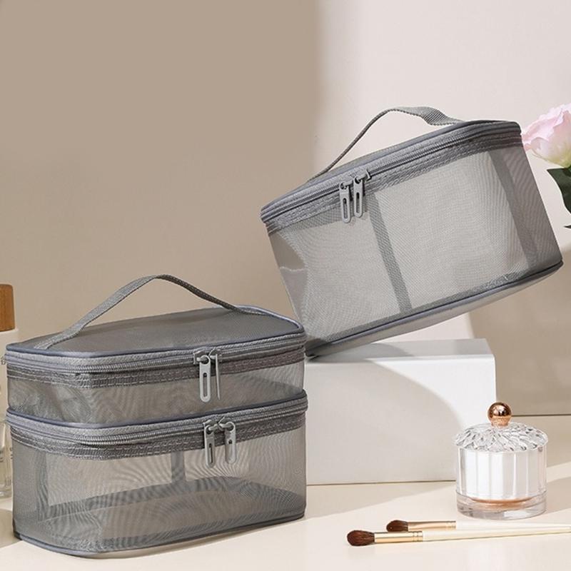 Nylon Mesh Cosmetic Organizers Double Layer Design Spacious Storage For Makeup Brushes Skincare Travel