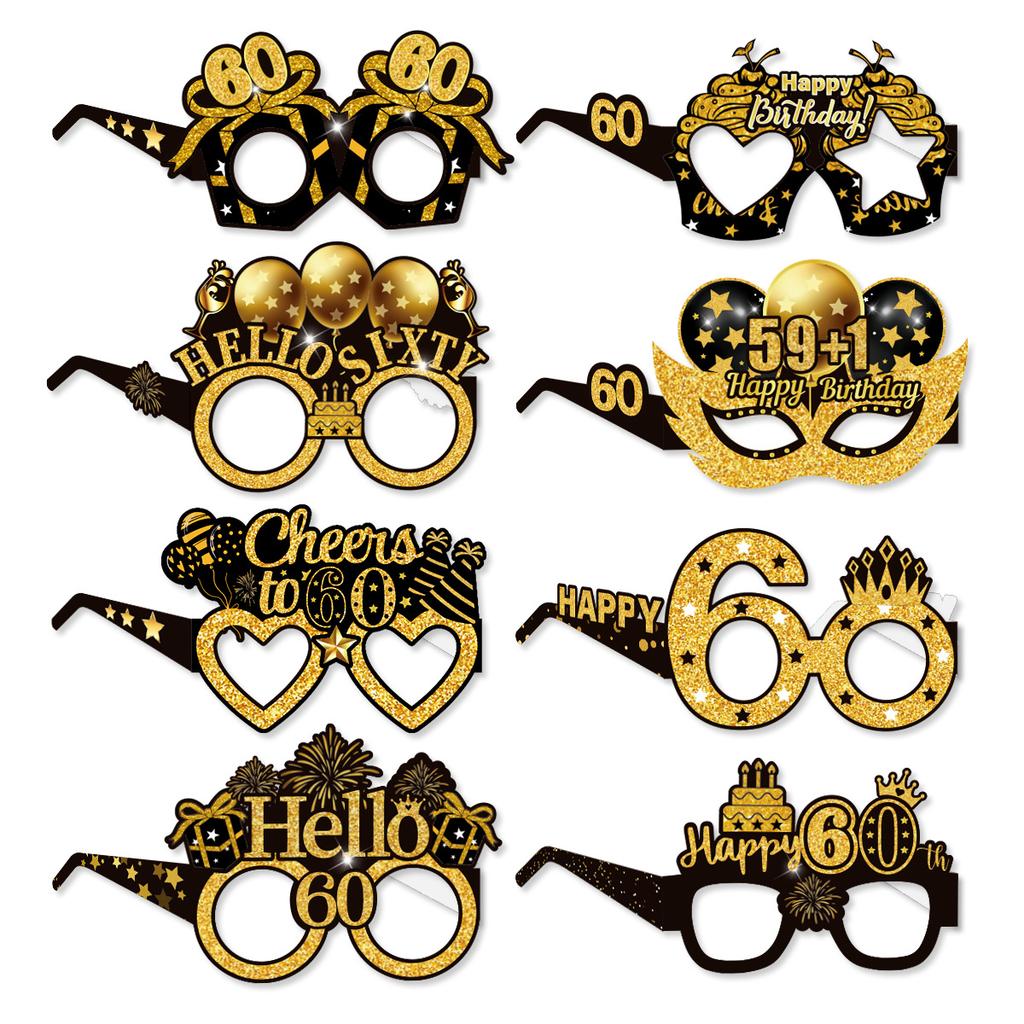 16pcs Amazon's New Product Birthday Party Decoration Paper Glasses - Black and Gold 18-year-old and 60-year-old Birthday Photo Props Glasses