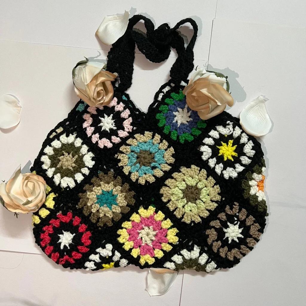 Large Capacity Cut-out Boho Tote Bag Trendy Floral Crochet Handmade Knitted Bag Vintage Multicolor Hollow Out Handbag