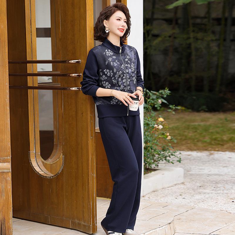 

2026 New Style Women s Spring/Autumn Jacket & Wide-leg Pants Set for Middle-aged & Elderly 3XL (60-67.5 kg)