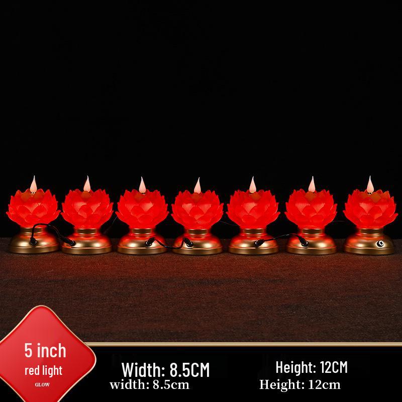 Amber Lotus Flame LED Buddha Offering Lamp - Dual Use: Battery/Plug-in with Floating Candle Holder