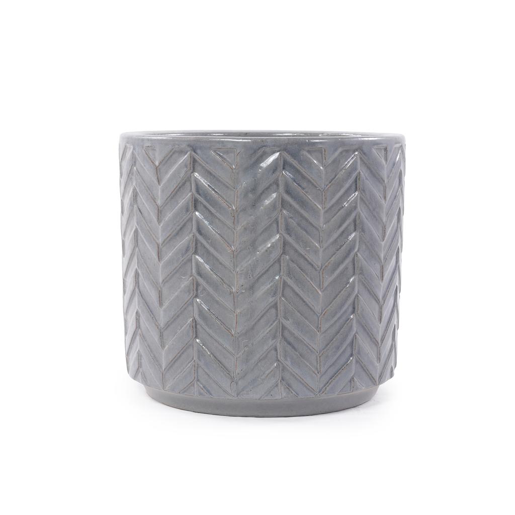 Handcrafted Ceramic Plant Pot Set, 4-Piece (diameter 38/31.5/24.5/20 cm), Glossy Ash Grey with Herringbone Relief, Breathable, Frost-Resistant