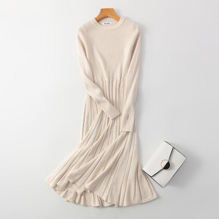 Chic Ribbed Knitted Sweater Dress Autumn Winter Long A-line Full Sleeve Thick Pullover Party Wear