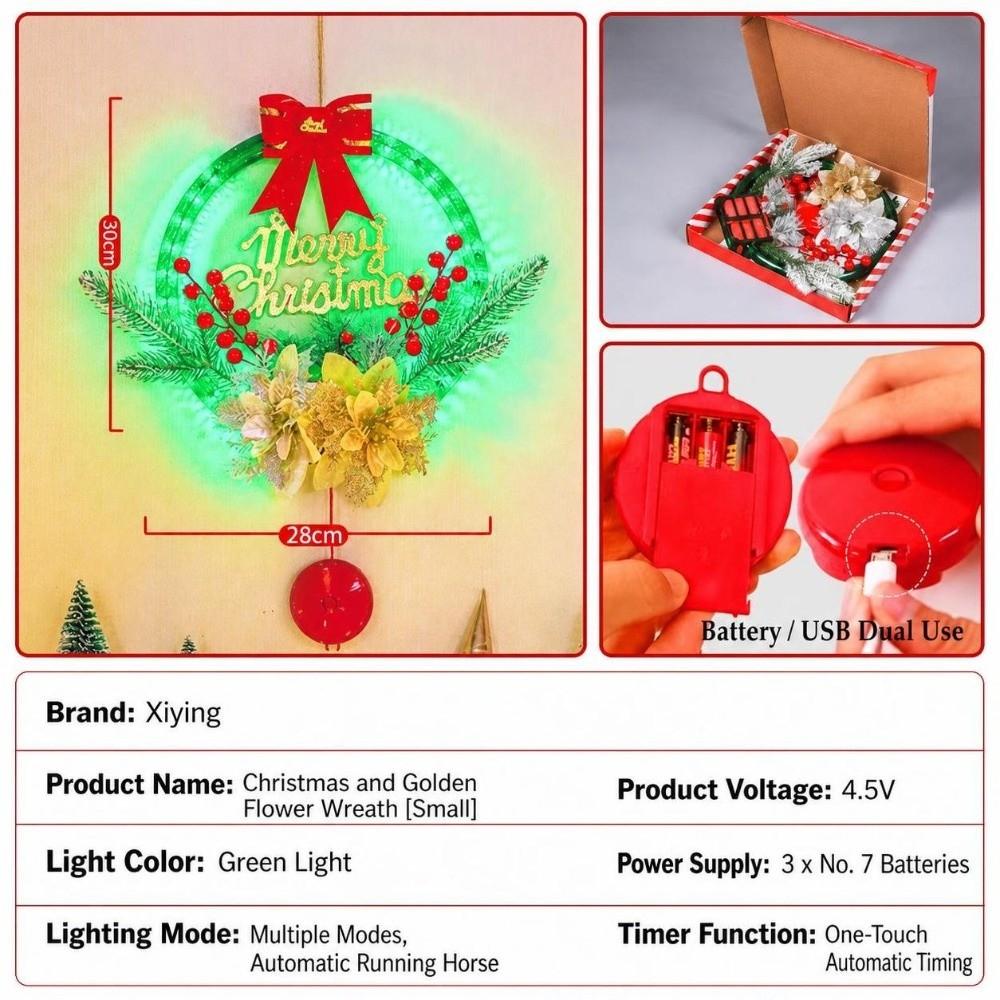 Decorative 28cm Christmas Wreath Illuminated DIY LED Light Hanging Garland Holiday Door Wreath Home Ornament