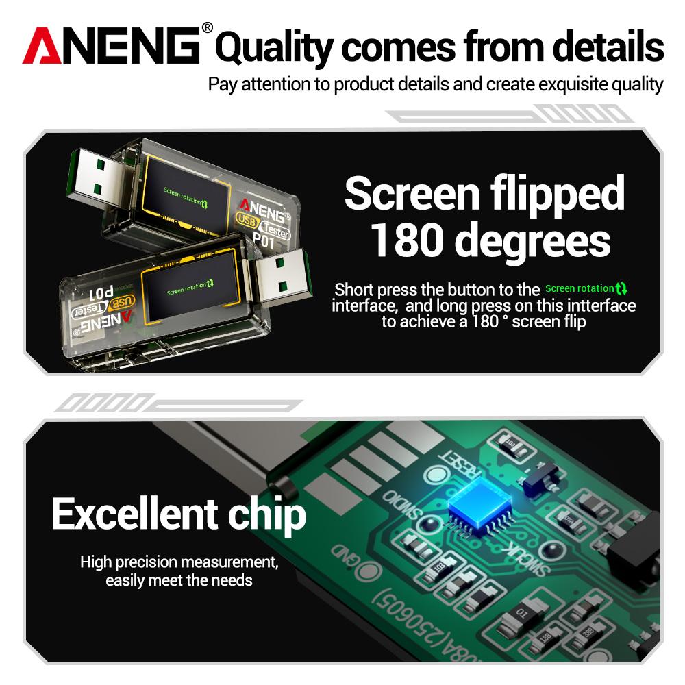Portable ANENG P01 USB Type C Tester Digital Display Voltmeter Ammeter Power Meter DC 4V 32V 0-6A High Precision Mobile Phone Charger Capacity Testing