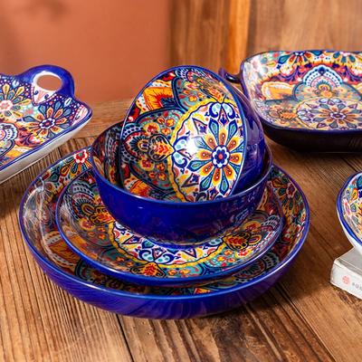 Bohemian Ceramic Bowl And Dish Set Rice Noodle Soup Bowls Double Ear Tableware Set for Home Dining