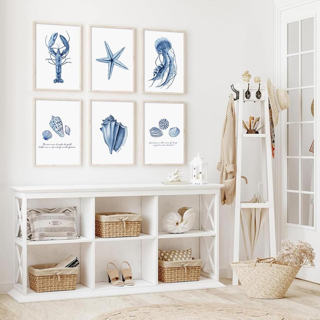 6 Pcs Blue Coastal Wall Art Watercolor Starfish Conch Jellyfish lobster Painting Cute Sea Life Poster Print for Modern Waterfront Themed Home