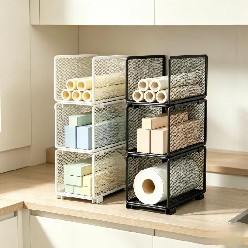 Stackable Kitchen Storage Baskets Easy Install Pantry Racks for Spices Plastic Wrap Paper Towel Kitchen Organization