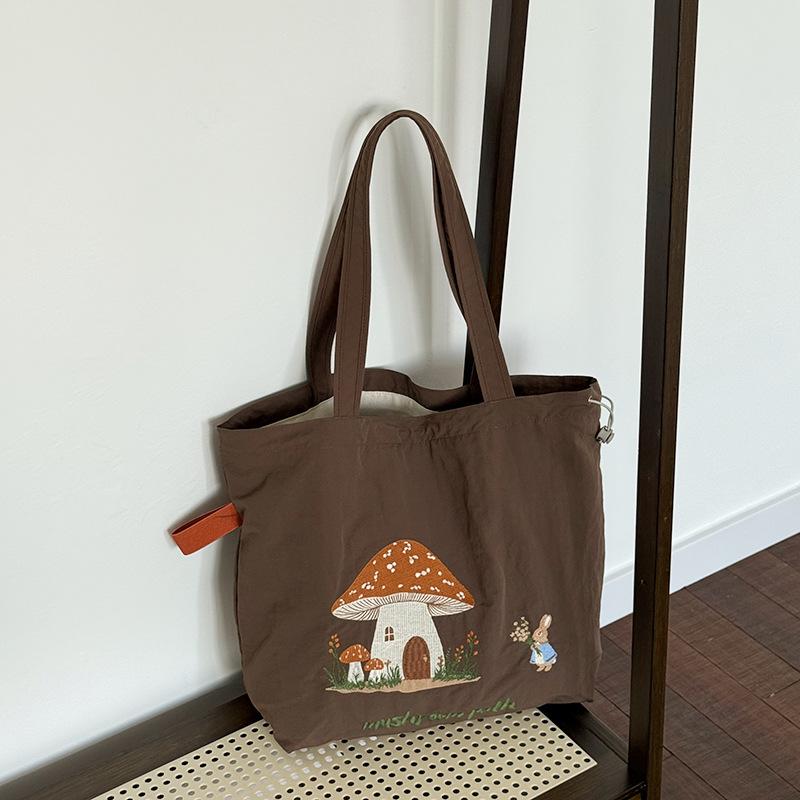 Cute Embroidery Drawstring Shoulder Bags for Women Large Capacity Versatile Ladies Tote Portable Student Girls Shopping Bag