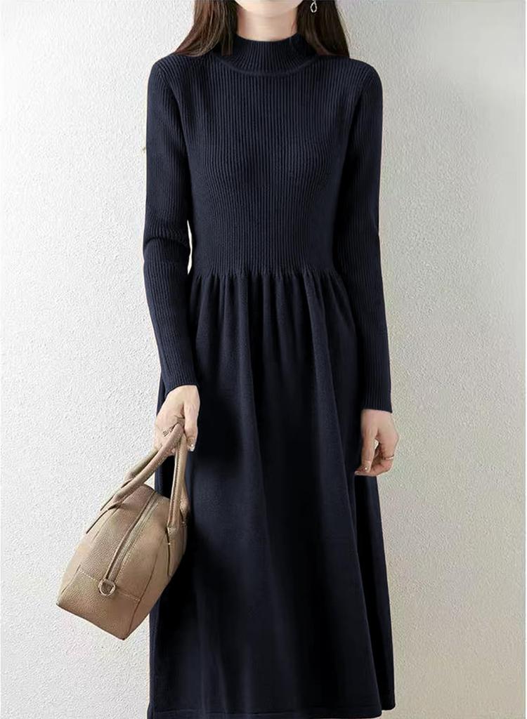 Yino Knit Midi Long High Slim Everyday Women's Dress, Sleeves, Flared, Waist, Fit, Stretchy, Slimming, Figure-Flattering, Warm, Cute, Stylish, Wear,