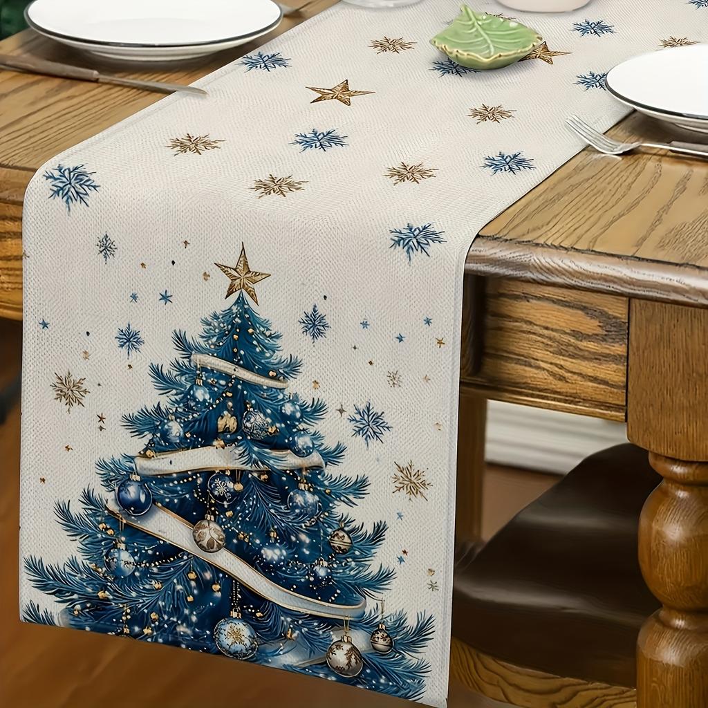Merry Christmas Xmas Trees Linen Table Runner Party Decor Winter Xmas Balls Snowflakes Dining Table Runners Navidad Decorations