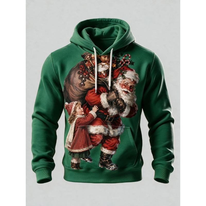 Unisex Print Christmas Hoodie Santa With Kid Gift Sack Pullover Long Sleeve Kangaroo Pocket Xmas Holiday Sweatshirt