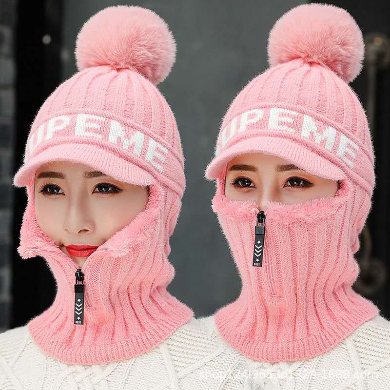 Hat Women's Autumn and Winter Knitted Windproof Ear Protection Wool Hat Student Warm Plush Thickened Fashion Cycling Pullover Hat