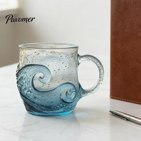 Non-slip Handle Cup Sea Glass Sunset Mug Thickened with Wave Texture Gradient Color Drinking Water Non-Slip Glassware for Coffee Juice Iced