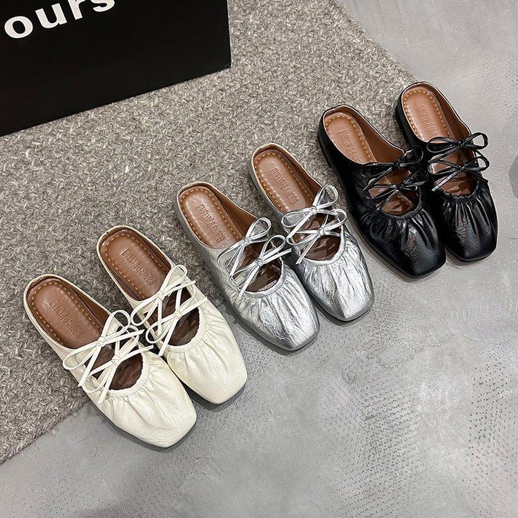 Silver bag head Mary Jane half slippers women's outer wear 2025 spring and summer new French temperament fairy style flat bottom sandals