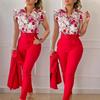Floral Lotus Leaf Sleeve Top Solid Pants Set Women Casual 2 Piece Outfit with Belt