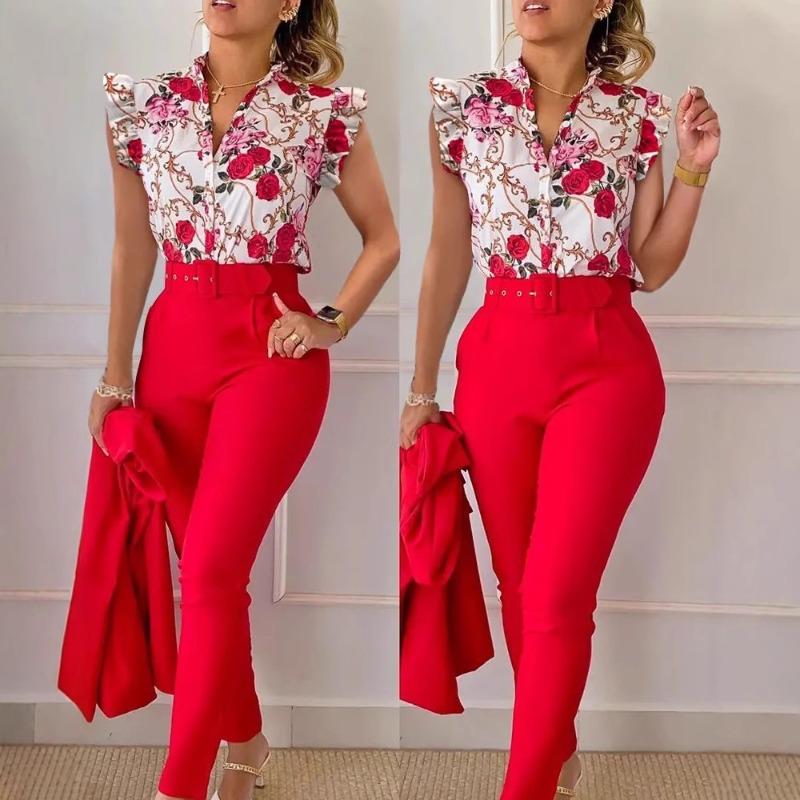 Floral Lotus Leaf Sleeve Top Solid Pants Set Women Casual 2 Piece Outfit with Belt