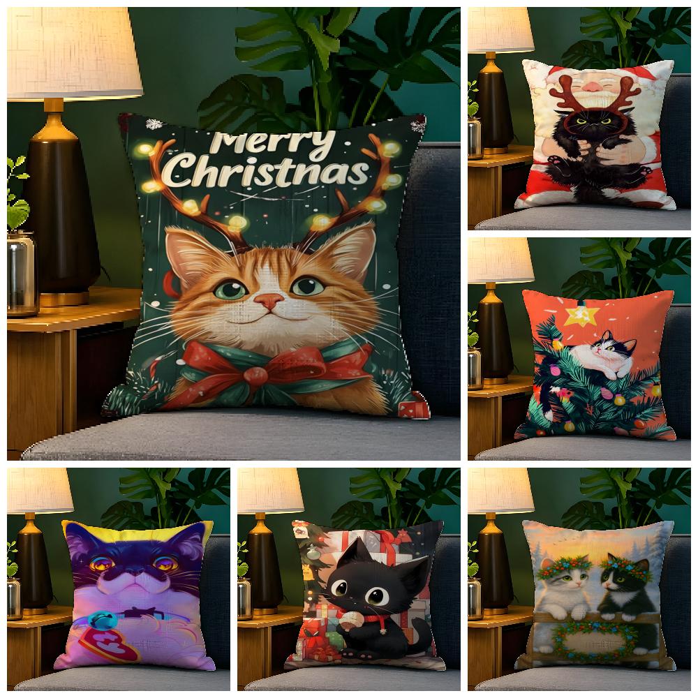 Funny Cute Christmas Cats Pillow Case Natural Linen Pillow Case DoubleSided Decor Sofa Pillowcase Home Decor