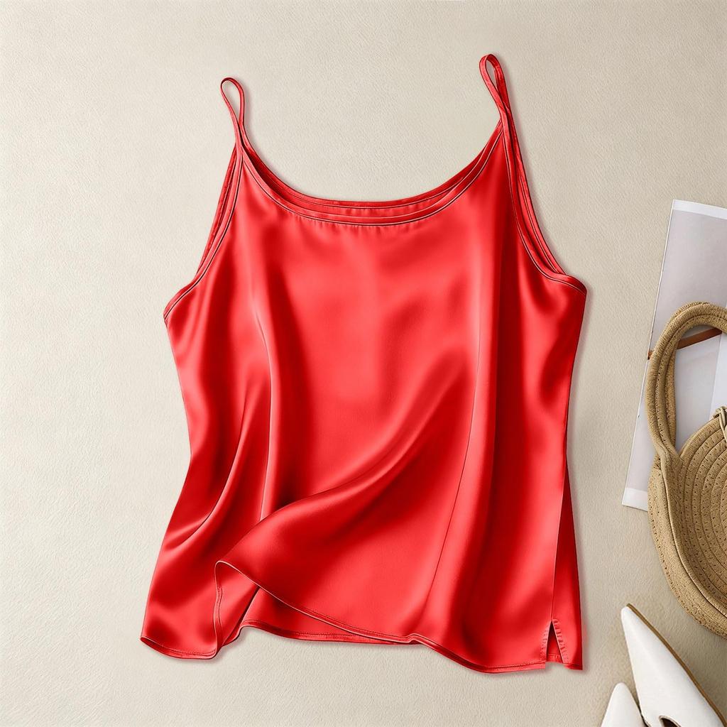 Fashion Women's Silk Satin Vest V-neck Slim Shoulder Strap Vest Soft Sleeveless Round Neck Vest